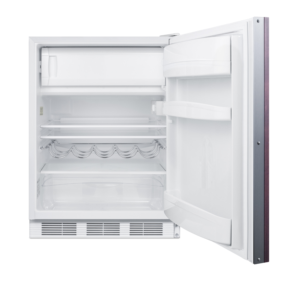 Built-in undercounter refrigerator-freezer for residential use, cycle defrost with a deluxe interior, panel-ready door, and white cabinet